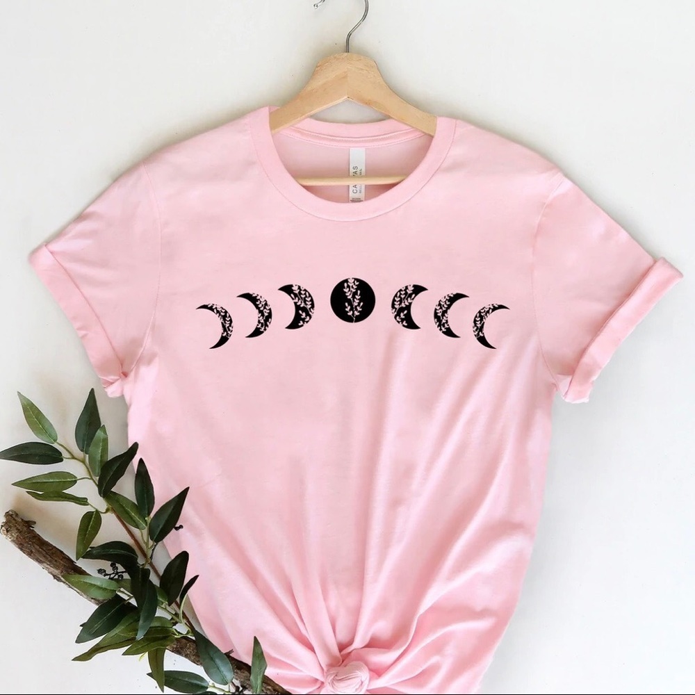 Moon Cycles And Flowers Crew Neck Short Sleeve Tee Shirt